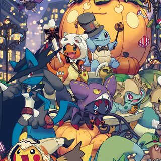 an animated image of many cats and pumpkins in the air with lights above them Digimon Halloween Pokémon Halloween, Fall Pokemon, Halloween Pokémon, Halloween Pokemon, gray