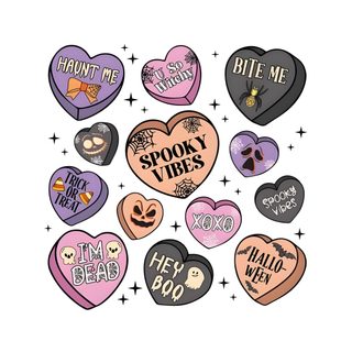 the spooky vibes stickers are arranged in different shapes and sizes, including hearts Halloween Conversation Hearts Halloween Conversation Hearts, Spooky Halloween Candy Hearts, Halloween Candy Hearts Art, white