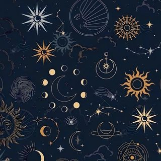 the sun, moon and stars are all drawn in gold on a dark blue background Hand Drawn Halloween Constellation Navy Celestial Iphone, Celestial Ipad, Celestial Aesthetic Background, black