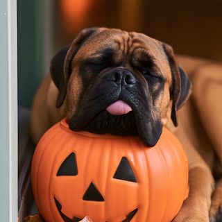 a dog laying on the ground next to a pumpkin with its mouth open and tongue out Halloween Boxer Dog saddle brown