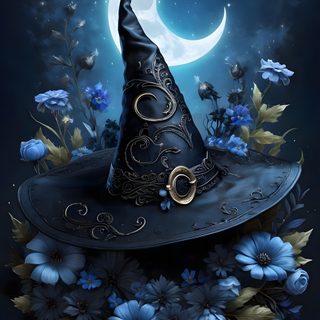 a witches hat sitting on top of a blue flower covered ground with the moon in the background Halloween Witch Hat Witches Iphone, Witch Hat, Witches Backgrounds, Creepy Cats N' Cauldrons, dark slate gray