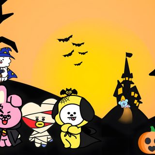 an animated halloween scene with pumpkins and cartoon characters Bts Halloween Laptop Bts Halloween, Halloween, Pc, The Original, Doodles, Bts, goldenrod