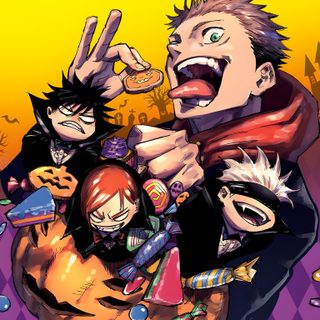 an image of anime characters in front of a purple and yellow background with words that read, Jujustu Kaisen Halloween 1920x1080 Jujustu Kaisen Halloween Pfp, Jujutsu Kaisen Halloween Pfp, Jujutsu Kaisen Official Art Manga, sienna