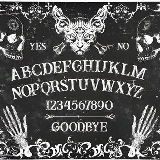 an old fashioned sign with skulls and bones on it's front cover, in black and white Halloween Ouija Board Ouija Board 4k, Halloween Ouija Board Background, Ouija Background, dark slate gray