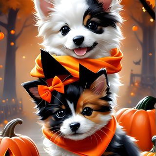 two puppies wearing scarves and pumpkins in front of a full moon background Cute Dog And Cat Halloween Happy Halloween Pictures, Cute Dog, Dog Pumpkin, Halloween Cute, sienna