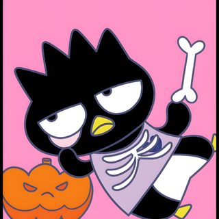 a cartoon character holding a pumpkin in front of a pink background Badtz Maru Halloween Badtz Maru Halloween, Badtz Maru Vampire, Badtz Maru Thanksgiving, light pink