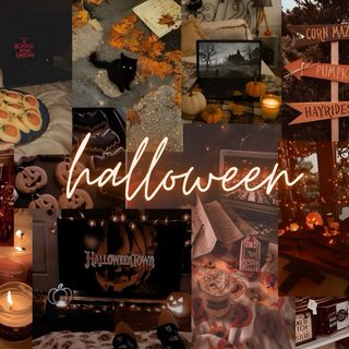 a collage of halloween images with candles and pumpkins in the center, surrounded by other pictures Halloween Tumblr saddle brown