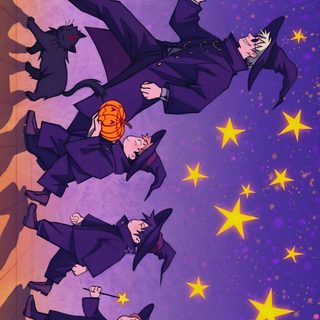 an animated image of some people flying in the air with their hands up and stars around them Jjk Halloween Jjk Thanksgiving, Jujutsu Kaisen Witch, Gojo Jjk Team Gojo, dark slate blue