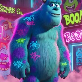 the monsters are standing in front of neon signs Monsters Inc Halloween 1366x768 Hd, Disney Pop Art, Fiesta Colors, Female Samurai, dark slate blue