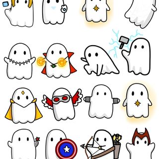 some cartoon ghost characters with different expressions Marvel Halloween Marvel Ghosts, Doodle Deadpool, Cool Marvel Drawings, Marvel Cartoon Art, white