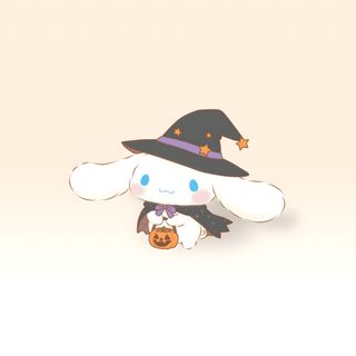 a cute little white rabbit wearing a witches hat and holding a jack - o'- lantern Cinnamoroll Halloween Ipad Halloween, linen