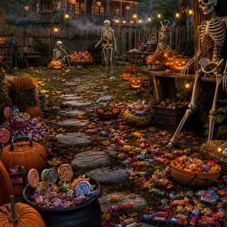 a halloween scene with pumpkins, candy and skeletons Halloween Candy House Cozy Halloween, Cottage Living, Cozy Aesthetic, Slow Living, dark slate gray