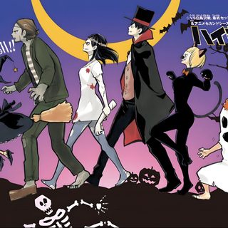 a group of people dressed up in halloween costumes walking on a hill with a full moon behind them Haikyuu Halloween Haikyuu Halloween Pfp, Haikyuu Halloween Icons, Mha Halloween Official Art, dark slate blue