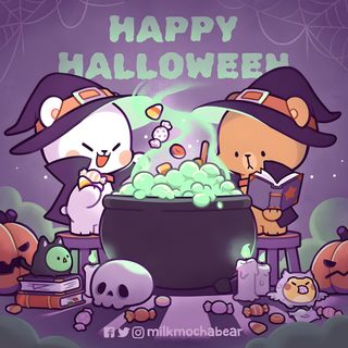 two cartoon characters in witches hats are cooking some halloween treats with skulls and pumpkins Milk And Mocha Halloween Milk And Mocha Thanksgiving, Milk And Mocha Halloween, Bubu Dudu Halloween, dim gray