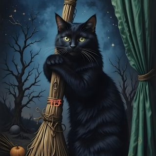 a black cat sitting on top of a broom in front of a window with the moon behind it Halloween Witch Cat Halloween Night Scene, Black Cat With Broom At Night, Halloween Party Inspiration, dark slate gray