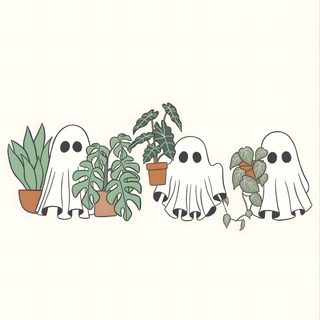 three ghost planters are lined up in front of some houseplants and one is holding a potted plant Halloween Plant Halloween Plants Illustration, Ghost Plant Drawing, Ghost Plant Tattoo, floral white