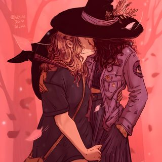 two women in witches costumes kissing each other with trees and leaves on the ground behind them Sapphic Halloween Kelpie Anime, Katie Silva Castlevania, Witch Kiss, Witch Lovers Art, indian red