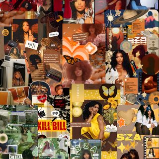the collage shows many different types of images and words, including women's names Sza Halloween Sza Fan, Backgrounds Sza, Sza Iphone, Sza Sos, Sza Lockscreen, dark olive green
