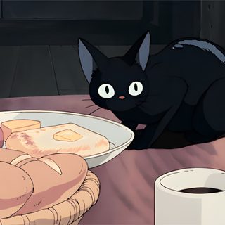 a black cat sitting on top of a table next to a plate of food Halloween Cat Gif Simple Desktop, Cute Cover Screen Gif, Gif Laptop Hd, Chromebook Gif, dark slate gray