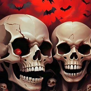three skulls with bats on their heads and blood in the eyes are all over them Halloween Skull And Bat Skulls Artwork, Vampire Skull Art, Skull And Bat, Red Skulls, saddle brown