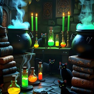 a black cat sitting on top of a stone floor next to bottles filled with liquid Halloween Spooky Cauldron Snakes Potions Cat Background, Halloween Night, Photo Presentation, black