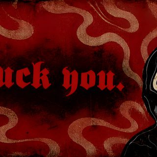 a painting of a person wearing a hood with hearts in their eyes and the words, f k you Halloween Ghost Face maroon