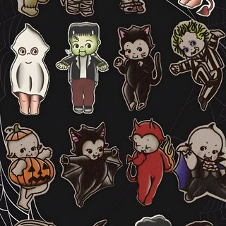halloween stickers on a black background with spider, ghost and cat characters in the center Kewpie Halloween Spooky Ipad, Spooky Cute, Kewpie Halloween, Elvira Movies, Cute Canvas Paintings, black