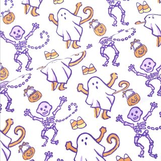 a white background with purple and orange halloween characters on it, including ghostes and pumpkins Roller Rabbit Halloween Preppy Halloween Cat, Roller, Preppy Halloween Background, Preppy Skeleton, white