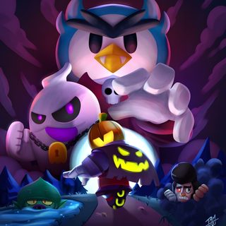 an image of a cartoon character holding a glowing pumpkin in front of two other characters Brawl Stars Halloween Brawl Stars Halloween, Brawl Stars Halloween Background, Halloween Pumpkin Brawl Custom, midnight blue