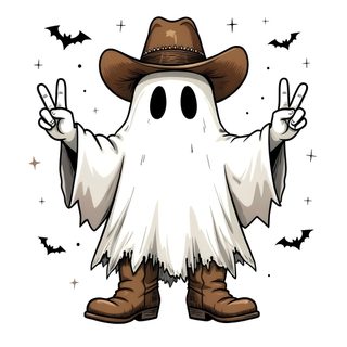 a cartoon ghost wearing a cowboy hat and holding two fingers up Cowboy Ghost Halloween Halloween Tattoo Flash, Ghost With Cowboy Hat And Boots, Cowboy Ghost, white