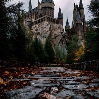 the hogwarts castle is surrounded by trees and leaves on a cloudy fall day Harry Potter Halloween Iphone Harry Potter Aesthetic Iphone, Harry Potter Screen Savers, Iphone Hogwarts, dark slate gray