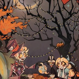 an image of three people sitting at a table in front of a tree with pumpkins Hazbin Hotel Halloween Hazbin Hotel Thanksgiving, Hazbin Hotel Christmas, Hazbin Hotel Halloween, dark olive green