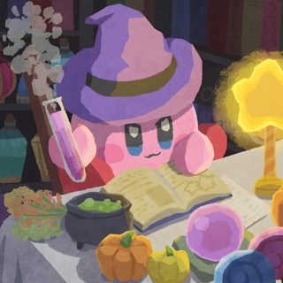 a cartoon character sitting at a table in front of an open book and some vegetables Kirby Halloween 4k Nintendo Art, Cute Kirby Pc, Kirby Art, Kirby For Laptop, dim gray