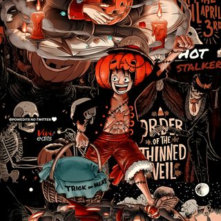the poster for trick or treat is shown in red and black, with an image of a Luffy Halloween One Piece Android Devil Fruit, One Piece Fall, One Piece 1080x1920, saddle brown