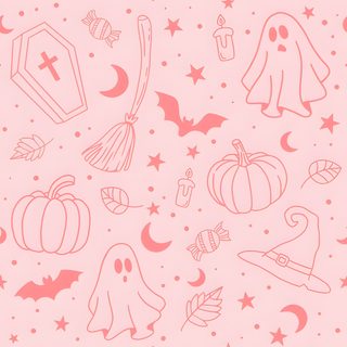 a pink and white halloween pattern with pumpkins, bats, ghostes, stars Halloween Iphone Pink Pink Halloween Ipad, Pastel Pink Halloween Background, Halloween Pink Background Aesthetic, misty rose