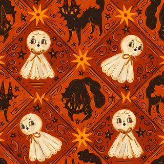 an orange background with black and white images on the bottom half of it, including two ghost Halloween Dollhouse Vintage Spooky Aesthetic, Autumn Spooky Aesthetic, Halloween Textures, firebrick