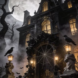 halloween scene with pumpkins and scary house at night Spooky Halloween Backgrounds dark slate gray