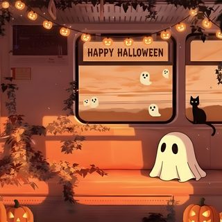 an animated halloween scene with pumpkins and jack - o'- lanterns on the windows Halloween Ghost Train Halloween Aesthetic Laptop, Laptop Halloween, Halloween Aesthetic Background Laptop, sienna