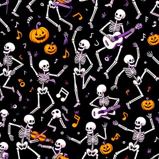 halloween skeletons and pumpkins with music notes on black cotton fabric by the yard or yard Halloween Skeleton Party Halloween Skeleton, Halloween Dance, Crystals, Iphone, Halloween, black