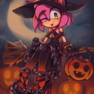 a cartoon character sitting on top of a pile of pumpkins in front of a full moon Amy Rose Halloween Vampire Amy Rose, Witch Amy Rose, Sonic Witch Rouge, Amy Fantasia, dark slate gray