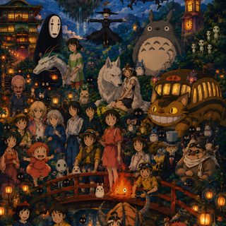 a painting with many people and animals in the background, all surrounded by candles at night Ghibli Halloween dark slate gray