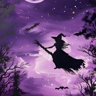 a painting of a witch flying through the night sky Halloween Purple Witch Purple Witch Halloween, Witches Iphone, Purple Flying Witch, dark slate blue