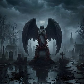 an angel with large black wings sitting on top of a grave in the middle of a cemetery Halloween Angel dark slate gray