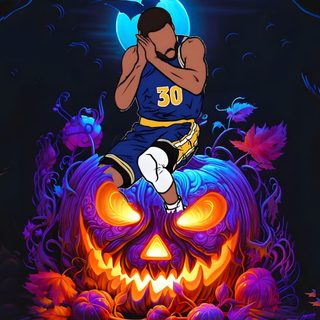 a basketball player sitting on top of a pumpkin in front of a full moon with his hands to his face Halloween Nba black
