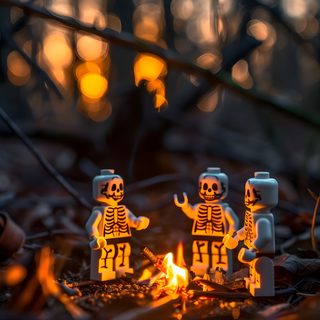 three lego figures sitting next to a fire in the woods at night with lights shining on them Halloween Lego Lego Dark Forest, Autumn Lego Scene, Lego Skeleton Skateboarding, Cool Lego, dark slate gray