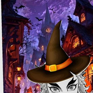 a woman wearing a witches hat in front of a house with pumpkins on it Rengoku Halloween dark slate gray
