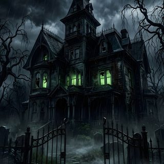 a creepy house with green lights in the windows and on the roof is surrounded by dark clouds Halloween Creepy House Academia Aesthetics, Gothic Mansion, Phone Lockscreen, Green Windows, black
