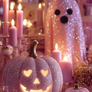 a table topped with pink glitter pumpkins and candles Rose Gold Girly Cute Halloween Pink Glitter Pumpkin, Rose Gold Girly Cute Halloween, Girly Halloween Aesthetic, sienna