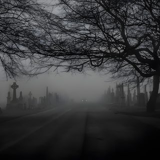 a cemetery with trees and tombstones in the fog Halloween Road Dark Gothic Desktop, Backgrounds Dark Pc, Pc 2560x1440 Aesthetic, dark slate gray