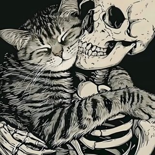 a skeleton hugging a cat with the caption forever i will be a cat lover Kitty Skeleton Halloween Cats Skeleton Cats, Esqueleto Aesthetic, Dark Skeleton Art, dark olive green